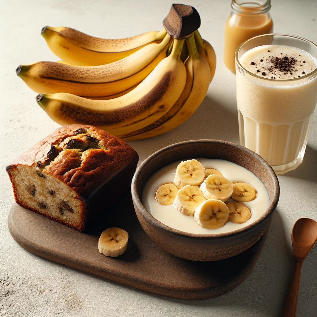 skål med övermogna bananer bredvid en nybakt banankaka, en glas smoothie, och skivade bananer som ligger i frysen redo att bli bananglass